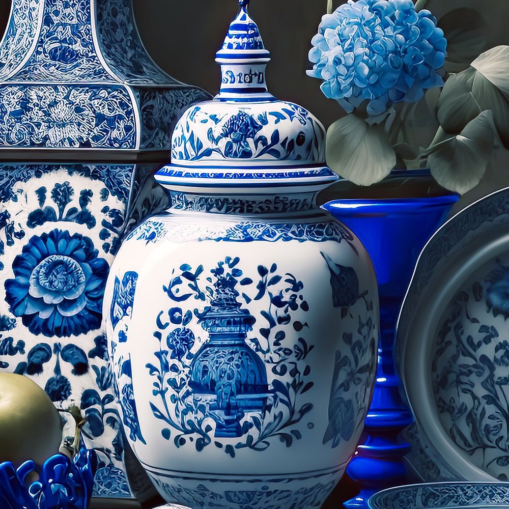 Klassiek Stilleven Met Delfts Blauw Aardewerk En Blauwe Bloemen Van