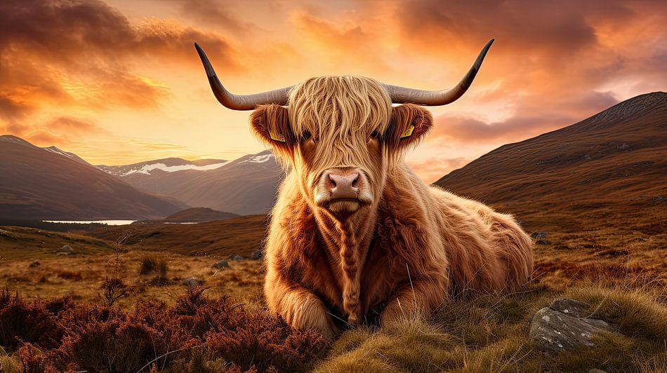 Scottish Highlander Cow At Sunset By Vlindertuin Art On Canvas Poster