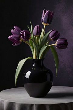 Zwarte vaas met paarse tulpen van De Muurdecoratie