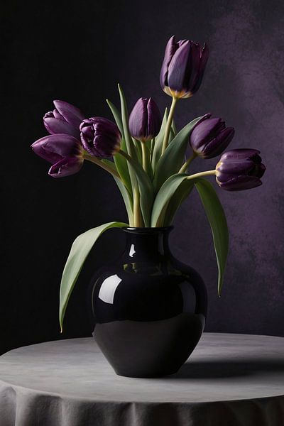 Black vase with purple tulips by Art & Soul Creations