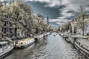 Hausboote auf der Prinsengracht, schwarz und weiß, Amsterdam