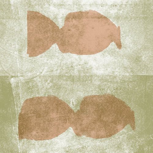 Abstracte rustieke vormen in koraalroze en kaki groen.