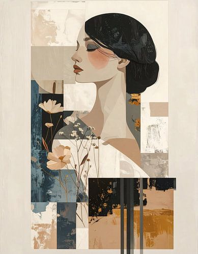 In balans - een kunstwerk dat rust uitstraalt in beige, creme zwart blauw en goud kleuren