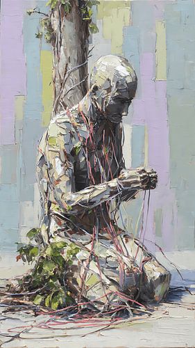 Peinture acrylique abstraite représentant une fusion émotionnelle surréaliste entre un corps humain et un arbre