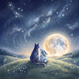 Cat And Rabbit Under Moon by Markus Gann