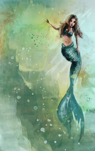 Beautiful mermaid illustration with green and yellow tones by Emiel de Lange
