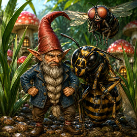 Grumpy Garden Gnome and Giant Wasp FriendGrumpy Garden Gnome and Giant Wasp Friend by Petrus Jakub