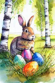 Easter bunny with colourful Easter eggs in the grass with birch trees by Jörg B. Schubert