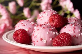 Rosa Mini-Donuts mit Himbeeren