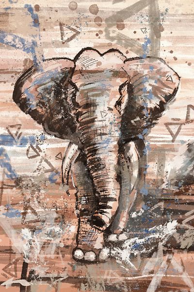 Olifant mixed media kunstwerk in aarde tinten van Emiel de Lange