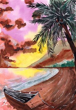 Boot, strand en zonsondergang van Sebastian Grafmann