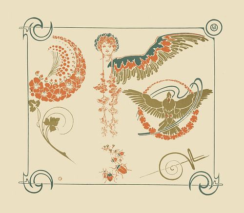 Abstract design based on flowers, angels, birds, beetles. (1900) von Alphonse Mucha