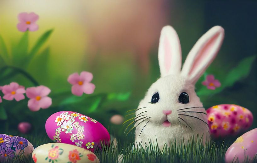 Süßer weißer Osterhase mit Ostereiern Illustration von Animaflora PicsStock