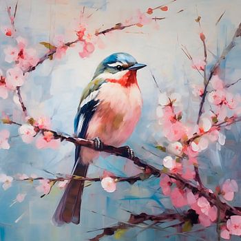 Bird on cherry blossom branch
