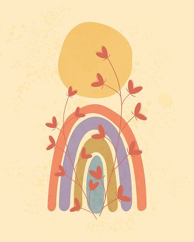 Abstract landschap met een regenboog en hartjes