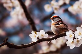 Spatz auf einer Kirschbaum im Frühling