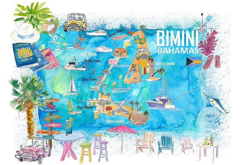 Bimini Bahamas Illustrated Map with Tourist Highlights of the Ins by Markus Bleichner
