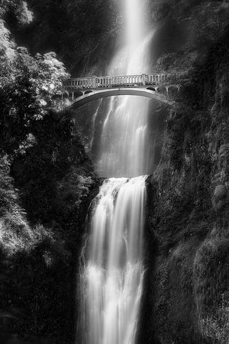 Waterval met brug in Oregon / USA. Zwart-wit beeld.