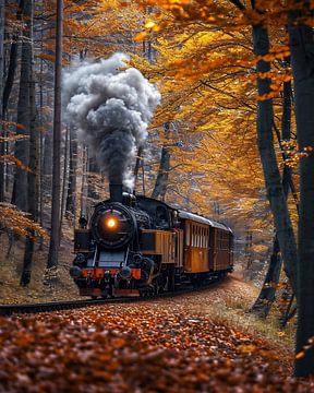 Historische trein in het herfstbos van fernlichtsicht