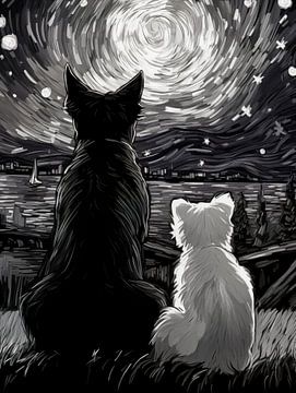 Zwei Hunde in der Sternennacht | Inspiriert von van Gogh von Frank Daske | Foto & Design