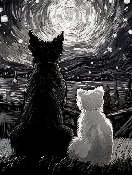 Deux chiens dans la nuit étoilée | Inspiré par van Gogh par Frank Daske | Foto & Design