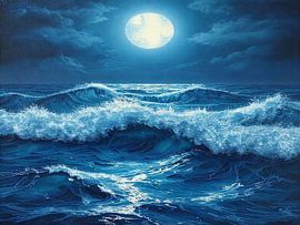 Mitternachtswoge: Krachender Kobalt Wellen unter der Lumineszenz von Artistic