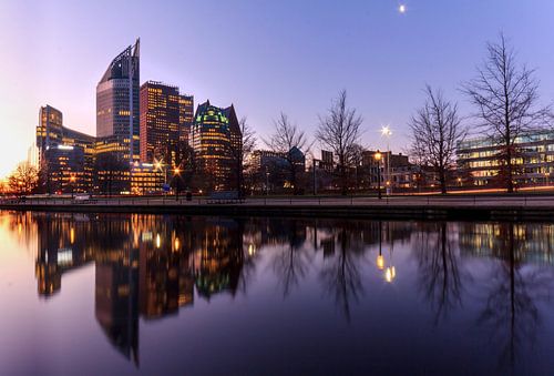 The skyline of the center of The Hague Netherlands during the sunrise