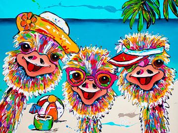 Ostriches on the beach with hats by Happy Paintings