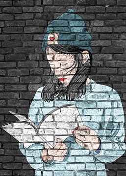 Jonge dames met boek graffiti muurontwerp van KalliDesignShop