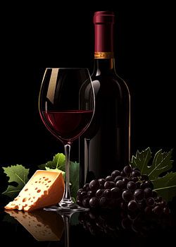 Arrangement de vin rouge avec du fromage et du raisin