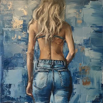 Elegant Woman in Jeans with Bare Back - Vintage Painting by Surreal Media