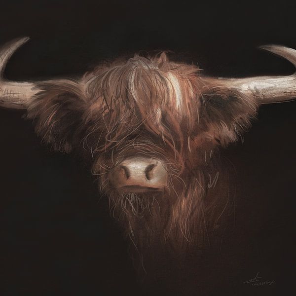 Stoer digitaal artwork schotse hooglander schilderij van Emiel de Lange