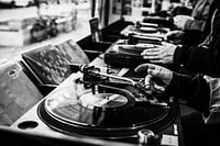 Turntables Spinning Vinyl Records in Black and White