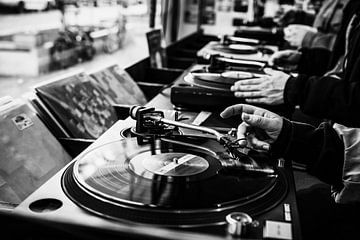 Turntables Spinning Vinyl Records in Black and White by Andreea Eva Herczegh
