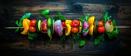 Colourful vegetable skewers on a wooden platter by Poster Art Shop
