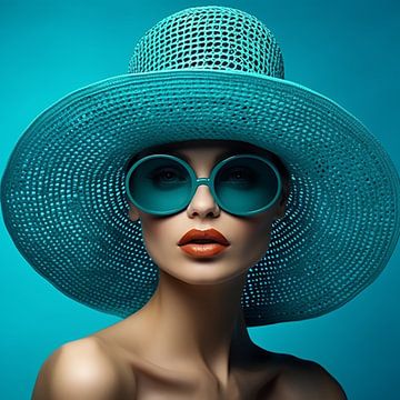 Modieuze vrouw met turquoise hoed en zonnebril van Eye on Fashion art