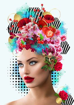 Flower woman blauw en rood van Postergirls