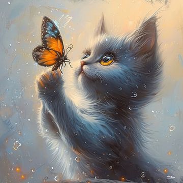 poes - kat met vlinder van Gelissen Artworks