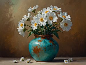 Stilleven witte bloemen in turquoise vaas