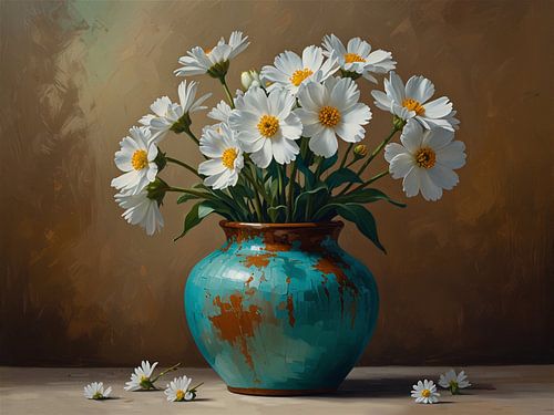 Stilleben weiße Blumen in türkisfarbener Vase