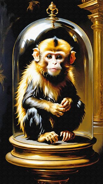 Singe sous cloche en verre par Maud De Vries