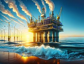 Hydrogen drilling platform with solar panels and wind turbines, by Eye on You