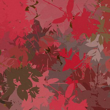 Kleurrijke abstracte botanische kunst. Bladeren in rood, roze, paars, taupe. van Dina Dankers
