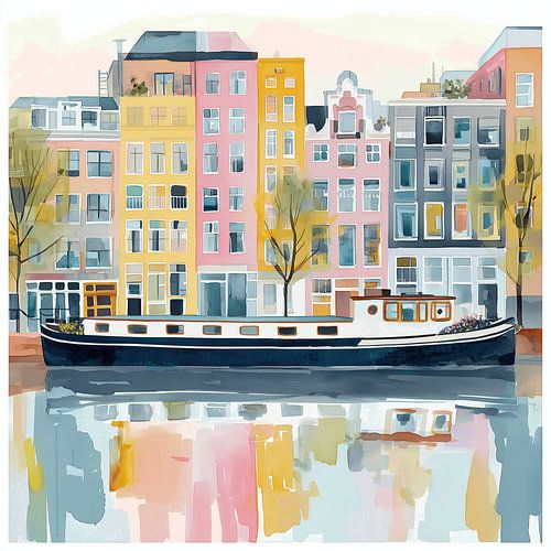 Watercolour painting of canal houses in Amsterdam and a boat on the canal
