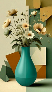 Elegant Floral Still Life with Turquoise Vase and Abstract Geometric Background