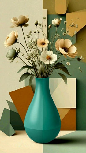 Elegantes Blumenstillleben mit türkisfarbener Vase und abstraktem geometrischem Hintergrund