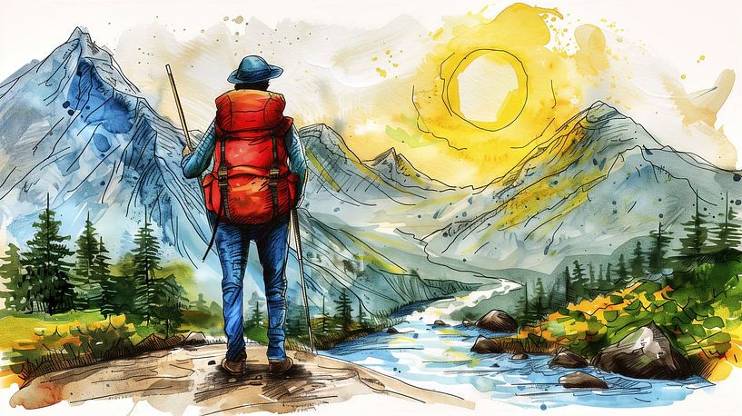 Un randonneur admire un paysage de montagne au coucher du soleil par Frank Heinz