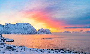 Winter sunset at the Norwegian Sea in Northern Norway