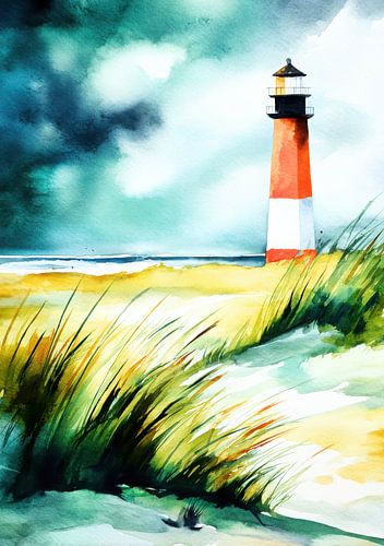 Vuurtoren op het strand - aquarel