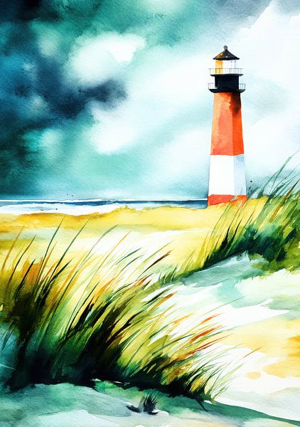 Lighthouse on the beach - watercolour by Niklas Maximilian